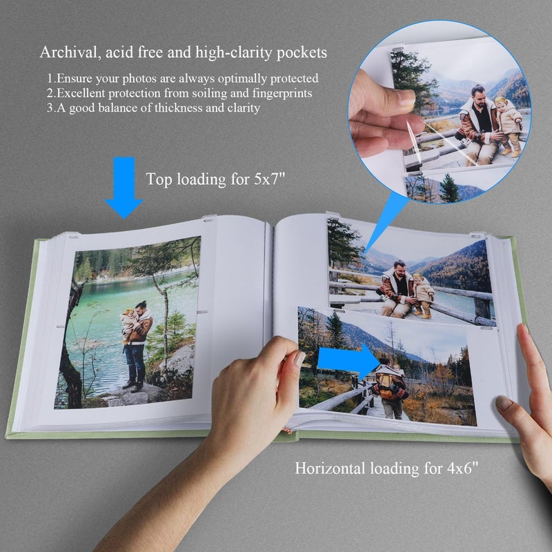 1DOT2 Photo Album with Writing Space 50 Pages 4x6 Photos Hold 200 or 5x7 Pictures Hold 100, Linen Cover Small Photo Book Albums with Memo for Anniversary Wedding Baby (Sage Green) - Image 2